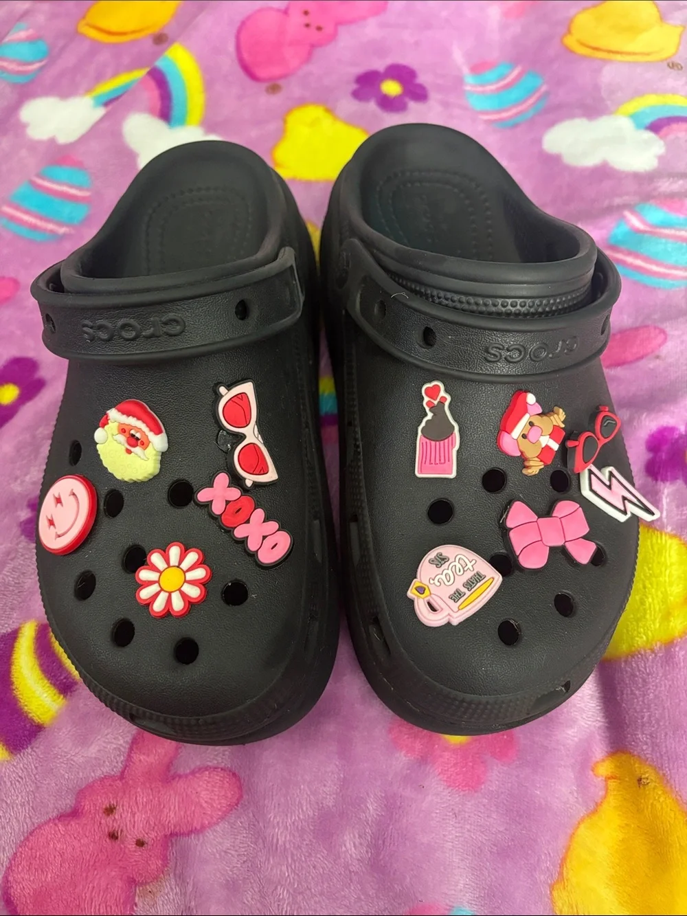 CROCS Black Kids Clogs with Pink and Red Charms